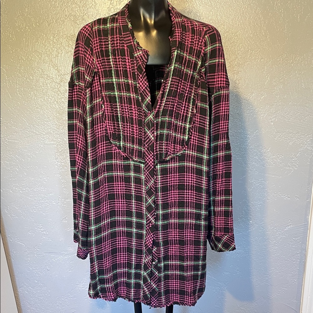 Free People Pink and Black Plaid Robe